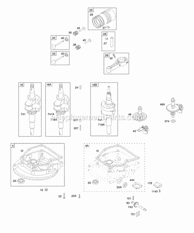 Camshaft Crankcase CoverSump Crankshaft PistonRingsConnecting Rod Diagram and Parts List for  Briggs and Stratton Engine